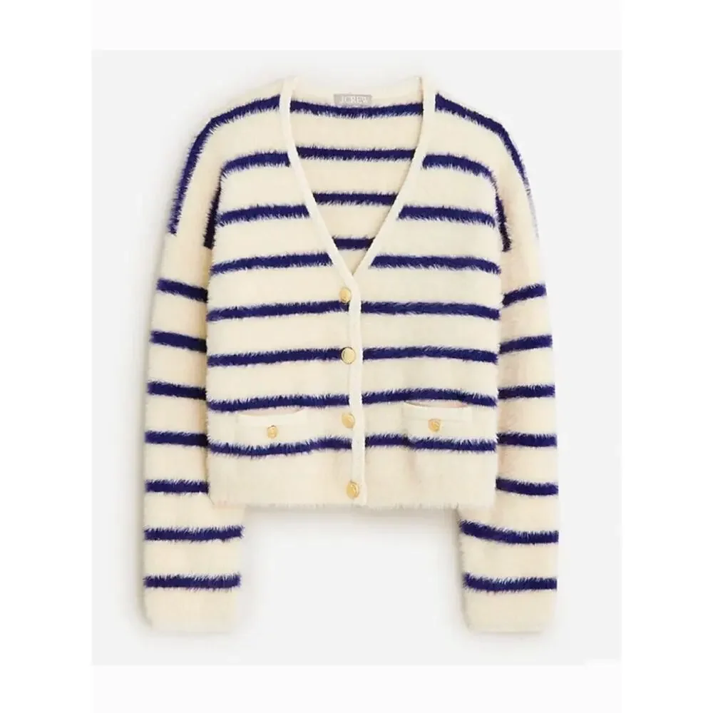 J. Crew Sweater Lady jacket in striped brushed yarn Ivory Blue Gold XS